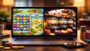 Laptop displaying casual browser game alongside online casino slot games with chips and cards representing evolution of gaming into modern online casino platforms