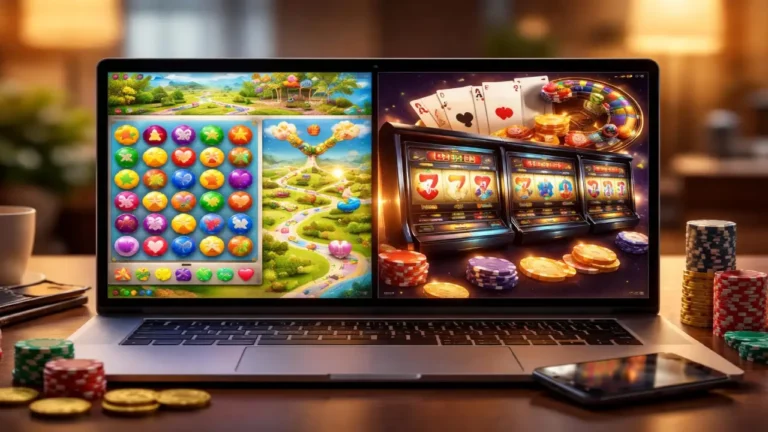 Laptop displaying casual browser game alongside online casino slot games with chips and cards representing evolution of gaming into modern online casino platforms