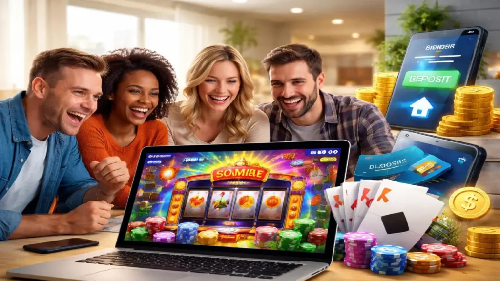 Group of friends enjoying social casino games on laptop with slot machine, poker cards, chips, and mobile deposit interface representing transition to real money online gambling