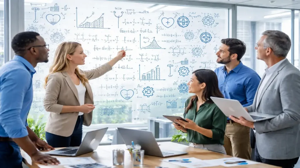 Team analyzing mathematical formulas and charts on board representing casino game algorithms, RTP calculations, and different provider strategies in online gaming