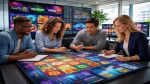 Team reviewing online slot game designs with screens showing popular casino providers like NetEnt and Pragmatic Play, highlighting game development and provider platforms