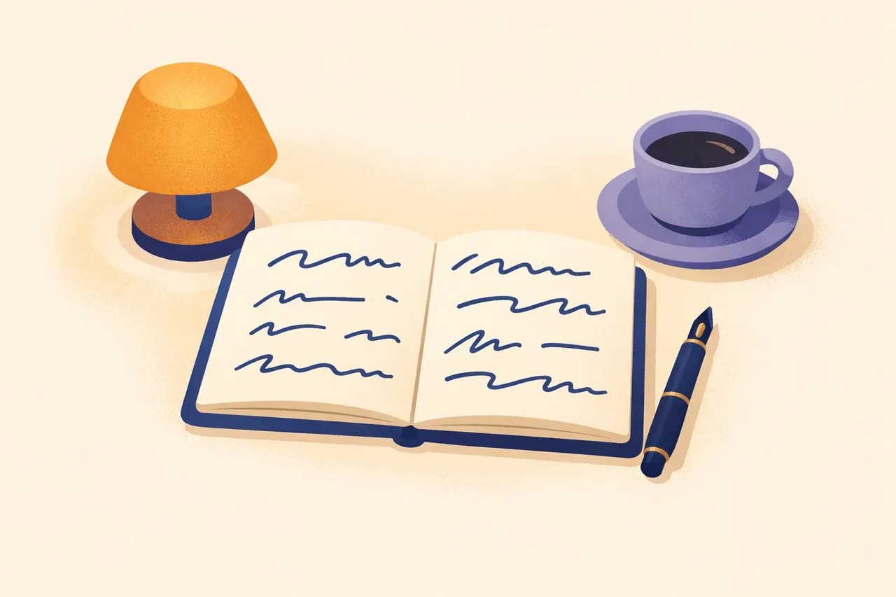 A tidy editor's desk seen from above with a lamp, notebook and coffee cup, illustrating Casinonord.cfd's editorial view of operators without a ROFUS link